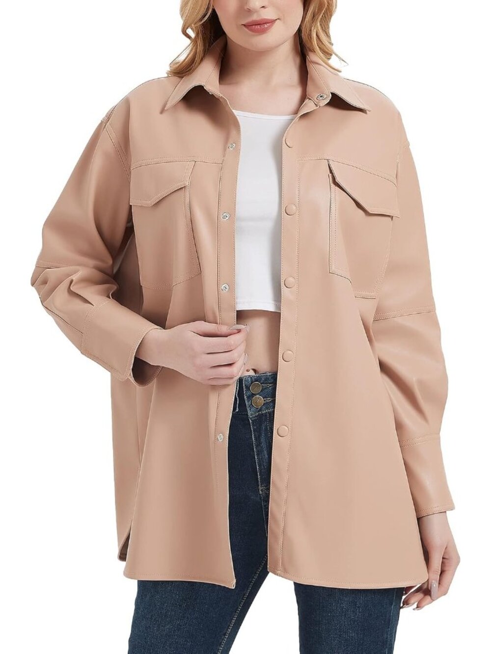 Women’s Light Pink Faux Leather Shacket Relaxed Fit Button Up Shirt Jacket